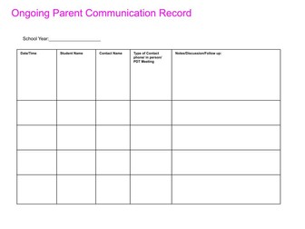 Ongoing Teacher/Parent Communication Record