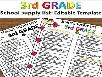 3rd Grade School Supply List | Editable Printable Back to School Parent Handout