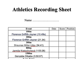 Athletics recording sheet