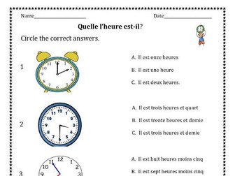 Telling time in French distance learning worksheets