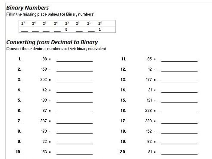 Binary Conversions Workbook With Answers | Teaching Resources