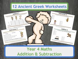 Addition and Subtraction Worksheets with an Ancient Greek Theme for Year 4 Classes