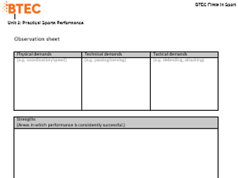 BTEC Sport Level 2 - Observation sheet