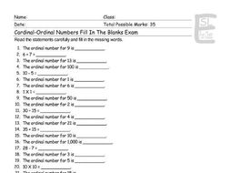 Cardinal-Ordinal Numbers Fill In The Blanks Exam