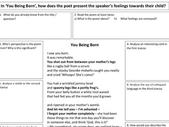 Unseen Poetry analysis worksheet - You Being Born