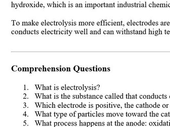 Electrolysis Comprehension Task