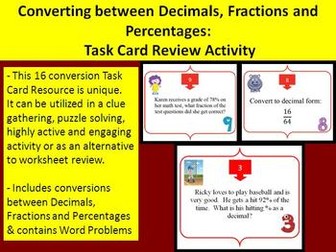 Converting between Decimals, Fractions and Percentages - Task Card REVIEW GAME