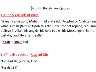 Edexcel (9-1) Muslim Beliefs teachings and quotes. GCSE Religious Studies
