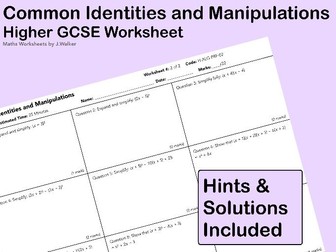 GCSE Maths Worksheet: Common Identities and Manipulations - Higher Tier
