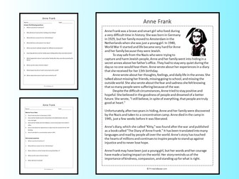 Anne Frank Reading Comprehension Passage Printable Worksheet