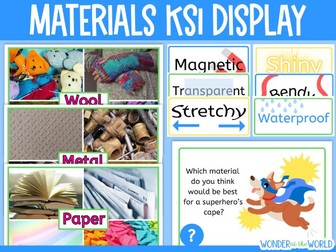 Everyday materials classroom science display Pack KS1 posters title vocabulary
