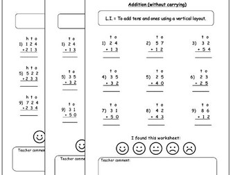 Addition (without Carrying) Differentiated Worksheets (with editable L.I.)