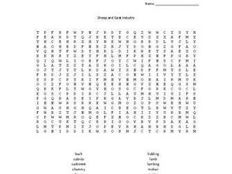 The Sheep and Goat Industry Word Search for an Ag. II Animal Science Course