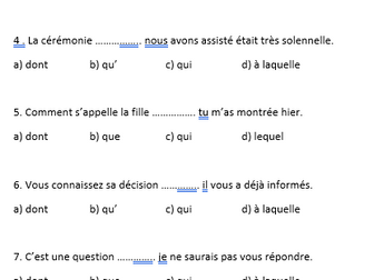 Multiple choice quizz on relative pronouns in French