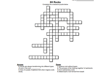 8H Rocks crossword (igneous, metamorphic, sedimentary)