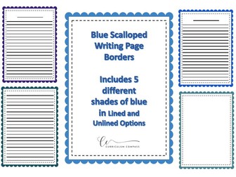 Blue Scalloped Writing Page Border: 5 shade varieties with lined and unlined options