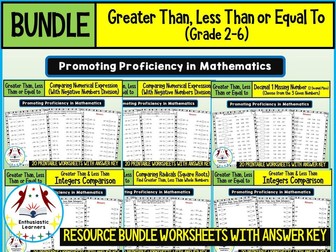 GREATER THAN, LESS THAN OR EQUAL TO Worksheets Product or Resource BUNDLE for GRADE 2-6
