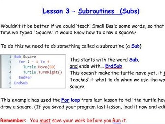 Introduction to programming using Small Basic - (KS2-KS3) - Lesson 3 Subroutines
