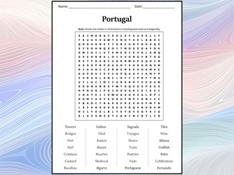 Portugal Word Search Puzzle Worksheet Activity