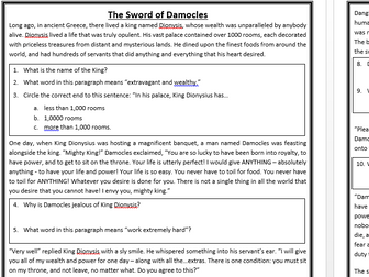 KS2/KS3 Comprehension Greek myths and legends Sword of Damocles & teaching ideas drama discussion
