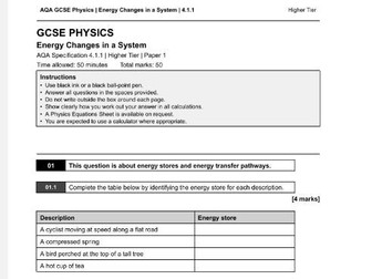 Energy changes revision worksheet