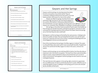 Geysers and Hot Springs Reading Comprehension Passage Printable Worksheet