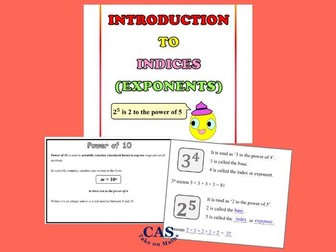 Introduction to Indices (Exponents) Notes and Worksheets