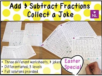 Easter Maths: Adding Fractions Collect a Joke THREE Worksheets