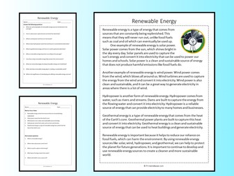 Renewable Energy Reading Comprehension Passage Printable Worksheet