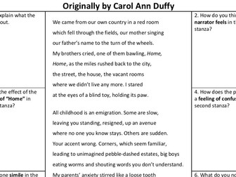 Unseen Poetry analysis worksheet - Originally by Carol Ann Duffy