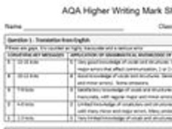AQA new GCSE Writing mark sheet Higher - Student and Teacher friendly