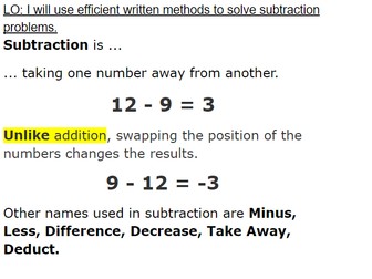 Subtraction - whole numbers - Year 4, 5 and 6 - PowerPoint & PDF