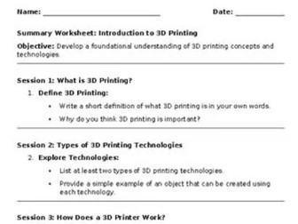 11-14 year olds - 3D printing summary worksheet