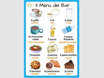 Italian Cafe Menu Food & Drink Vocabulary Posters Worksheets Wordsearch Activity
