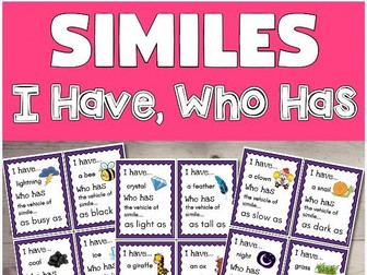 Similes Activities | I Have Who Has | Simile Worksheets | Figurative Language