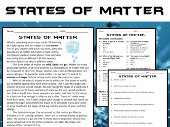 States of Matter Reading Comprehension Passage and Questions - PDF