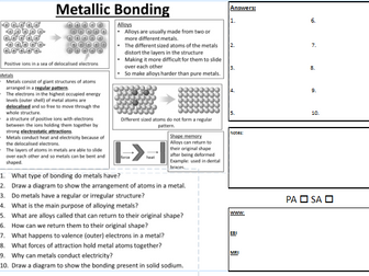 C2 Metallic Bonding PASA DIRT learning worksheet with WWW EBI MRI.