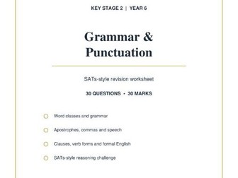 Year 6 Grammar & Punctuation Worksheet | KS2 SATs SPaG Revision | 30 Questions with Answers