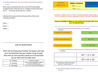 Algebra - What is algebra and solving algebraic equation worksheet. KS3 + GCSE