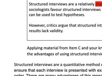 AQA A LEVEL SOCIOLOGY - RESEARCH METHODS STRUCTURED INTERVIEWS A* ESSAY (20/20 MARKS ACHIEVED)