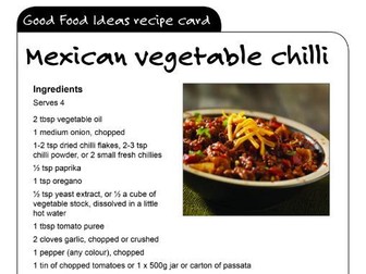 Vegan chilli recipe sheet