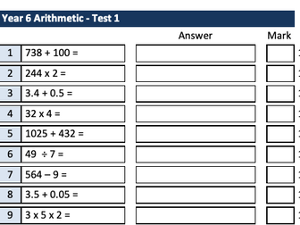 Year 6 One-page Arithmetic Test
