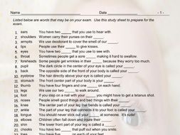 Body Parts Exam Study Sheet