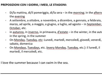 Italian GCSE Prepositions Worksheet