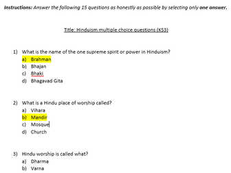 Hinduism multiple choice questions (KS3)