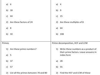 Factors, multiples and prime numbers worksheets
