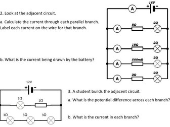 3 V = IR Series & Parallel Electrical Circuits Worksheets (5 sides of questions) WITH ANSWERS