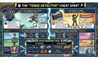 Progressive & Perfect Tenses Cheat Sheet Poster – Engaging Comic-Style Classroom Resource