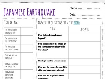 Japanese Earthquake 2011 Case Study Worksheet for KS3 and KS4
