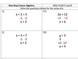 Maths KS3/ GCSE - 100 One Step Linear Equations Questions and Worked ...